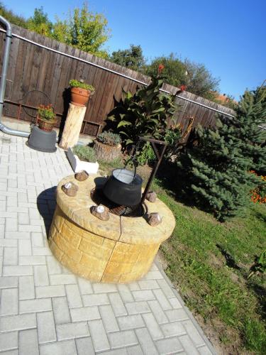 a garden with a tree in a barrel with a pot at Ginkgo Apartman in Demjén