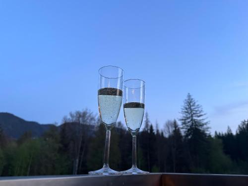 two glasses of white wine sitting on a table at Apartamentul Verde Silver Mountain Poiana Brașov in Poiana Brasov