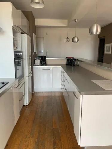 une cuisine avec des appareils blancs et un parquet dans l'établissement Bel appartement à Marseille 70 m² avec terrasse privée, à Marseille