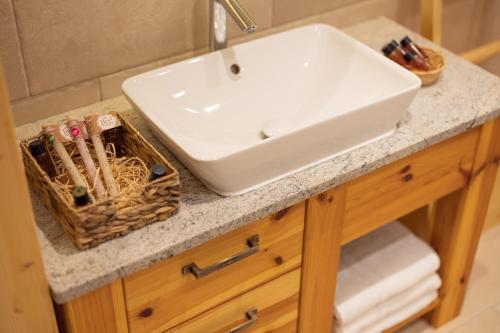 a bathroom counter with a sink and a basket of brushes at PRIVILLAGE Stare - B&B in Bohinj