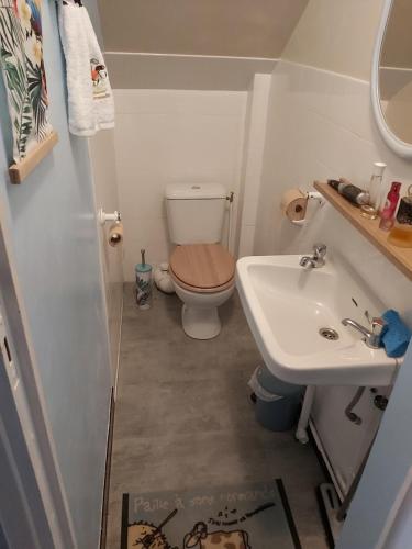 a small bathroom with a toilet and a sink at Maison Quebec in Bernières-sur-Mer