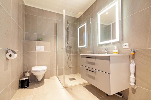 a bathroom with a shower and a toilet and a sink at Gjermesøy Luxury Apartment in Ballstad