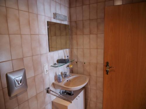 uma casa de banho com um lavatório e um espelho em Ferienwohnung in Weichs em Weichs