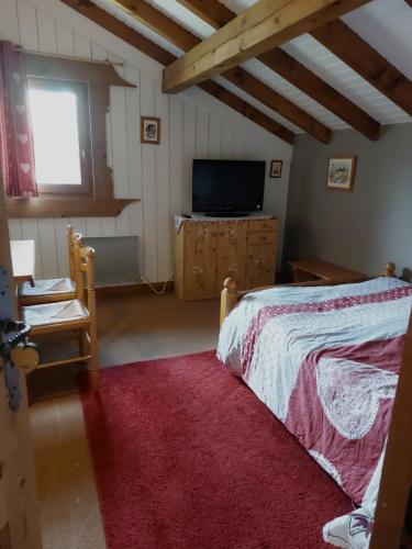 1 dormitorio con 1 cama y TV de pantalla plana en Chambre privee, en Sallanches