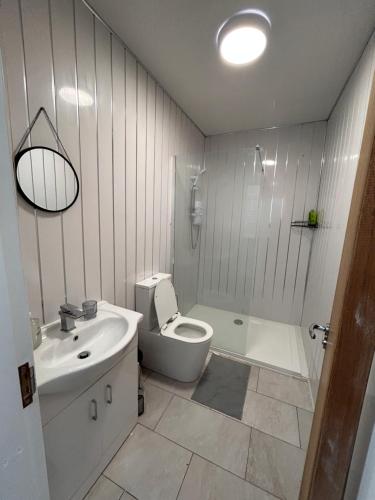 y baño con aseo, lavabo y ducha. en Vibrant Bungalow 2 Bedroom Flat with secure private parking, en Birmingham