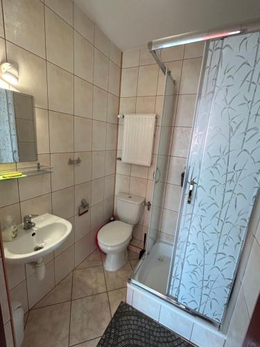 een badkamer met een douche, een toilet en een wastafel bij Pokoje gościnne ZUZA in Władysławowo