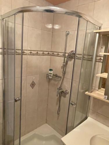 um chuveiro com uma caixa de vidro na casa de banho em Apartment Sonne&Luft em Bad Bleiberg