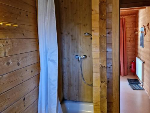 a bathroom with a shower in a wooden wall at Ferienhaus Neckar 34 in Hayingen