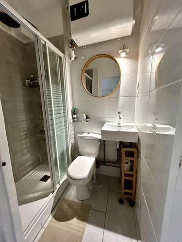 une salle de bain avec toilettes, lavabo et douche dans l'établissement Central 1BR near Montmartre, à Paris