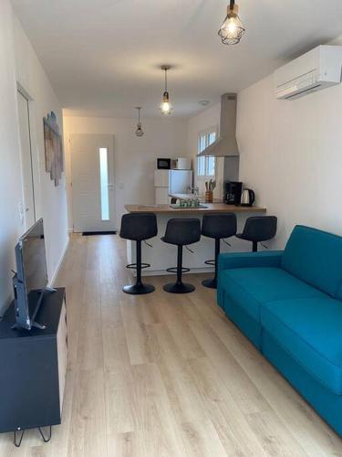 un salon avec un canapé bleu et une cuisine dans l'établissement Jolie Maison en pleine nature-proche du lac, à Parentis-en-Born