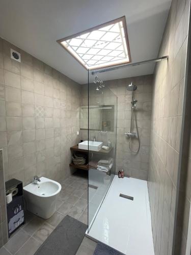 une salle de bain avec une douche, des toilettes et un lavabo dans l'établissement logement de charme en bord de plage, à Lumio