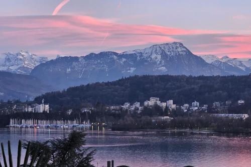 a city on a lake with mountains in the background at Charming Tiny Garden House for two in Luzern