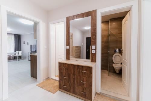 une salle de bains avec toilettes et un grand miroir dans l'établissement Cozy 2-bed Apartment, à Plovdiv
