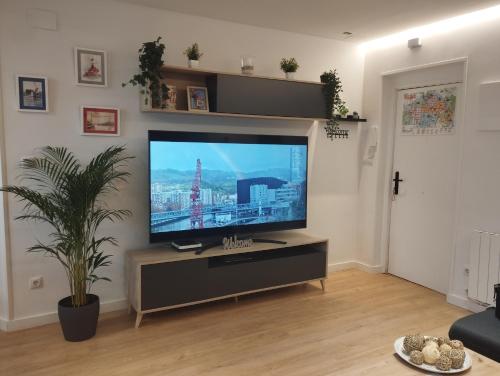 a living room with a large flat screen tv at Apartamento La Carola in Bilbao