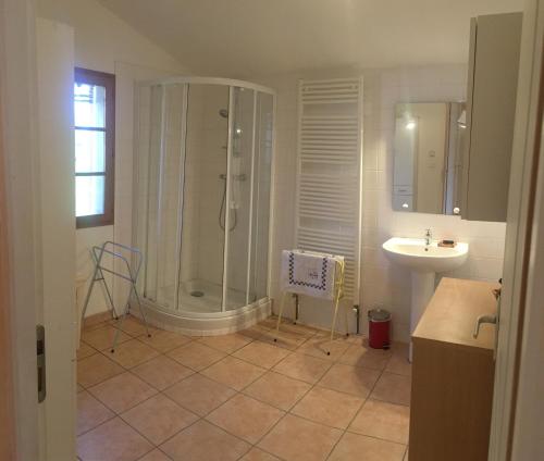 ein Bad mit einer Dusche und einem Waschbecken in der Unterkunft Gîte La Fournière de Costy in Agnac