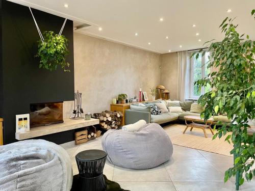 - un salon avec un canapé et une cheminée dans l'établissement Maison cosy, cheminée jardin proche centre ville, à La Gollotte