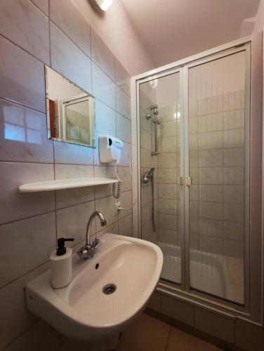 a bathroom with a sink and a shower at Pokoje Gościnne Sonia in Tuszyn