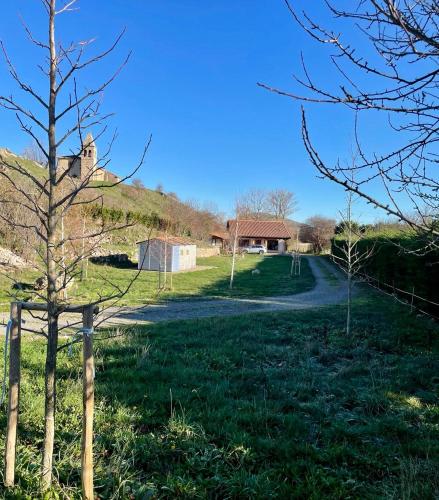 a tree in a field with a house on a hill at Casa rural en Fontibre in Espinilla