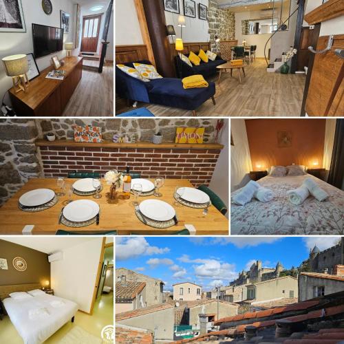 un collage de photos d'une chambre d'hôtel dans l'établissement CITE MEDIEVALE- LE REMP'ART - Tout Confort - Accès direct piétons - parking gratuit, à Carcassonne