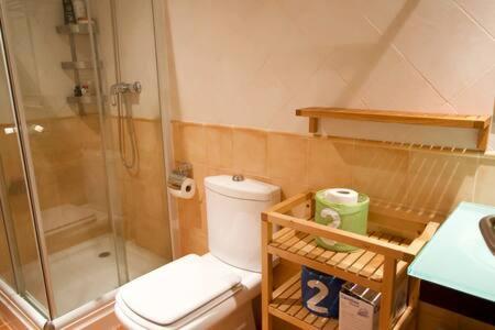 y baño con ducha, aseo y lavamanos. en Apartamento Supermolina Esquí, en La Molina