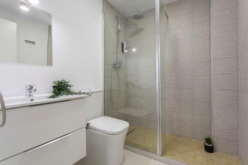 ein Bad mit einer Dusche, einem WC und einem Waschbecken in der Unterkunft Morenos Centrico Moderno in Jerez de la Frontera