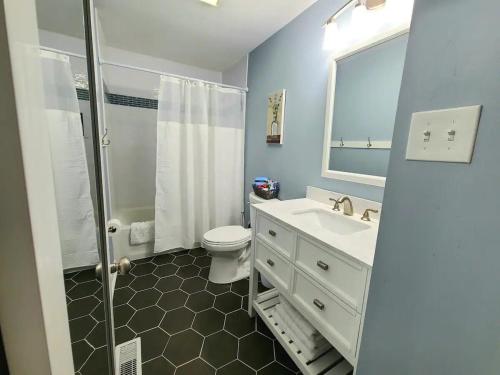 y baño con aseo, lavabo y ducha. en Urban Excitement Suburban Calm Hot Tub & Game Room, en Louisville