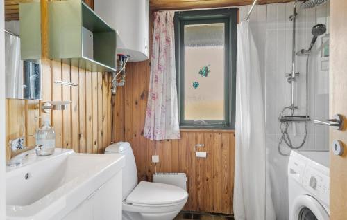 a bathroom with a sink and a toilet and a window at Awesome Home In Harbore With Wifi in Harboør