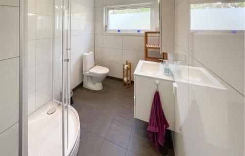 uma casa de banho com um WC, um lavatório e um chuveiro em Cozy Home In Skjrhalden With House A Panoramic View em Skjærhollen