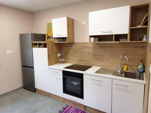 una cucina con armadi bianchi, lavandino e frigorifero di Jožana počitniška hiša a Grad
