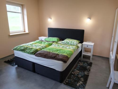 una camera da letto con un grande letto con lenzuola verdi di Jožana počitniška hiša a Grad