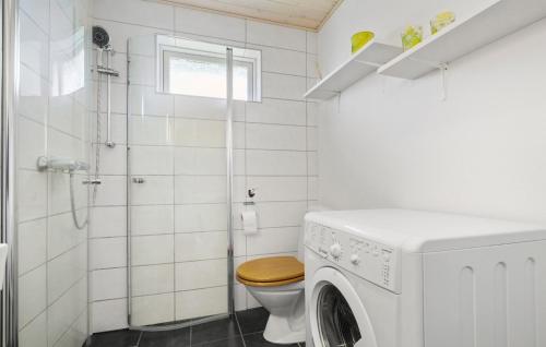 Cozy Home In Haderslev With Kitchen في هادرسليف: حمام مع مرحاض وغسالة