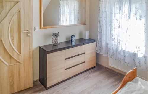 a room with a dresser with a mirror and a window at Gorgeous Apartment In Jelesnia With House A Mountain View in Jeleśnia
