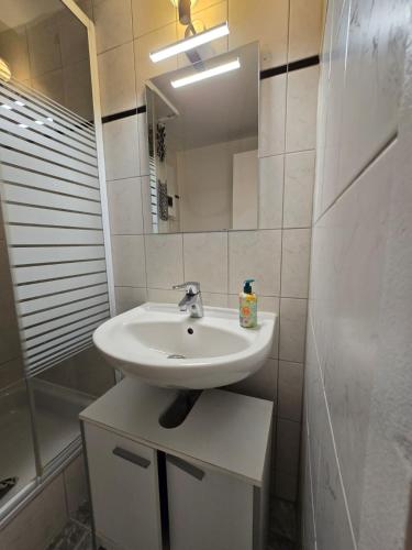 bagno con lavandino e specchio di B&R apartment türkischen Konsulats a Norimberga