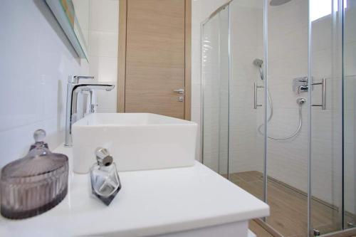 een badkamer met een wastafel en een glazen douche bij Apartments Petra in Bibinje
