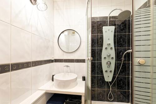 une salle de bain avec une douche, un lavabo et un miroir dans l'établissement Le Petit Gourmet - Studio en centre-ville, à Nancy