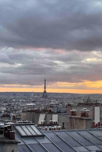 a view of the eiffel tower from the roofs of buildings at Superbe duplex loft au coeur de Paris in Paris