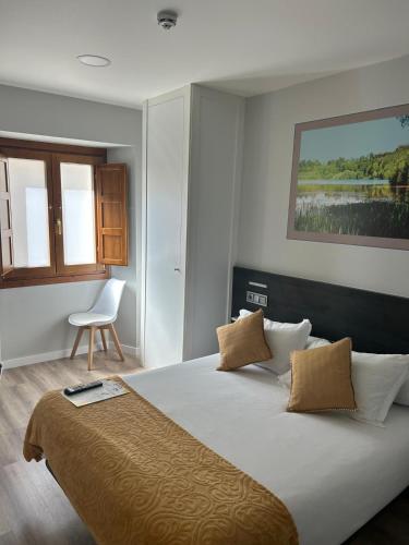 a bedroom with a large bed and a chair at Pension San Anton in Melide