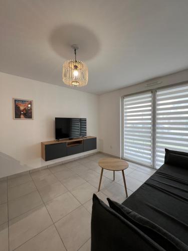 uma sala de estar com um sofá e uma televisão em Le Stan - proche centre ville - Terrasse & Parking gratuit em Colmar