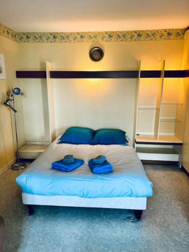 une chambre avec un lit avec deux serviettes bleues dessus dans l'établissement Le Seydrad, appartement vue nature, hauteurs de Gérardmer, à Gérardmer