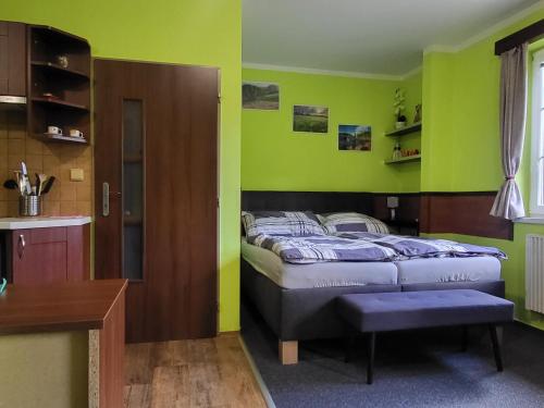 1 dormitorio con paredes verdes y 1 cama en una habitación en Ubytování pod Pradědem - Karlov pod Pradědem, en Bruntál
