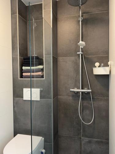 a bathroom with a shower with a toilet and a sink at Duinroos vlakbij strand in Egmond aan Zee