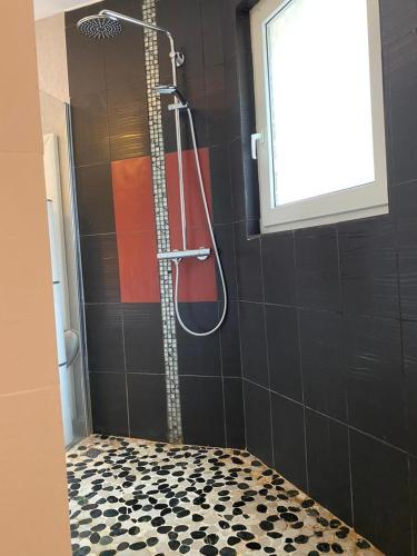 a shower in a black tiled bathroom with at Domaine de la Palle in Pontgibaud