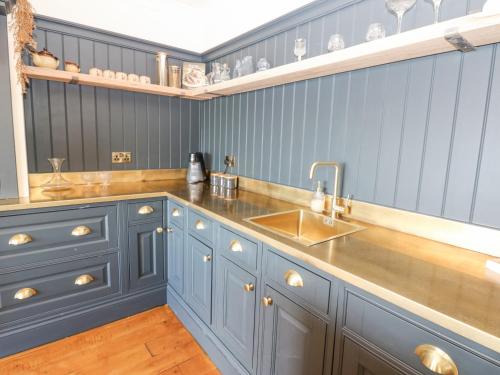 uma cozinha com armários azuis e um lavatório em Arbour House Farm Bungalow em Durham