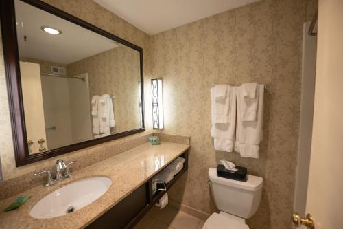a bathroom with a sink and a toilet and a mirror at Peek'n Peak Resort Trademark Collection by Wyndham in Clymer