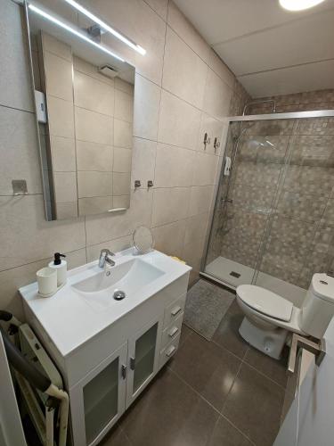 a bathroom with a sink and a toilet and a shower at Zona muy tranquila todo nuevo in Madrid