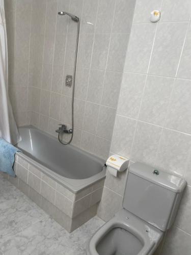 een badkamer met een douche, een toilet en een bad bij 1era linea de playa Cullera Villa Sales in Cullera