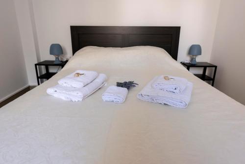 twee handdoeken op een bed met twee nachtkastjes bij Liberal Metaxourgeio in Athene