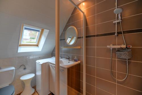 y baño con ducha, lavabo y aseo. en Gîte en montagne vosges alsaciennes, en Fréland