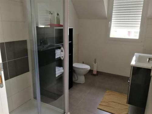 une salle de bain avec toilettes et douche en verre dans l'établissement PLAGES A PIED, à Saint-Coulomb