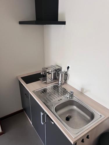 uma cozinha com um lavatório e um balcão em Van Heeckeren City Centre Studios Nes em Nes